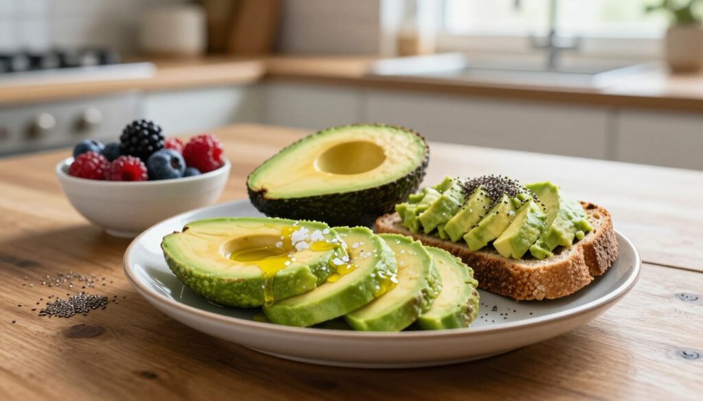A beautifully arranged high-fiber breakfast featuring ripe avocados as the centerpiece. In the foreground, a vibrant plate showcases sliced avocados drizzled with olive oil and sprinkled with sea salt, accompanied by whole grain toast topped with avocado spread. Adding a splash of color, a small bowl of mixed berries and a sprinkle of chia seeds sit nearby. In the middle ground, a rustic wooden table set against a soft-focus kitchen backdrop, with sunlight streaming in through a window, creating a warm and inviting atmosphere. The lighting is natural, giving the scene an organic feel, while the angle captures the breakfast from a slightly elevated perspective, highlighting the textures and colors of the food. This image conveys a sense of health, vitality, and simplicity.