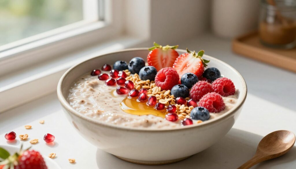 A beautifully arranged high-protein smoothie bowl featuring vibrant pomegranate seeds and an array of fresh mixed berries, including strawberries, blueberries, and raspberries, artfully placed on top. The bowl is made from a light-colored, rustic ceramic material, enhancing the organic feel of the dish. Surround the bowl with a sprinkle of granola and a drizzle of honey to add texture. The setting is a bright, sunlit kitchen with soft natural light coming from a nearby window, creating a warm and inviting atmosphere. In the background, blurred greenery and kitchen utensils add to the homey feel. Capture the scene from a slightly elevated angle to emphasize the colorful toppings while maintaining focus on the creamy smoothie base. The overall mood is fresh, healthy, and energizing, perfect for a weight-loss-focused meal. A beautifully arranged high-protein smoothie bowl featuring vibrant pomegranate seeds and an array of fresh mixed berries, including strawberries, blueberries, and raspberries, artfully placed on top. The bowl is made from a light-colored, rustic ceramic material, enhancing the organic feel of the dish. Surround the bowl with a sprinkle of granola and a drizzle of honey to add texture. The setting is a bright, sunlit kitchen with soft natural light coming from a nearby window, creating a warm and inviting atmosphere. In the background, blurred greenery and kitchen utensils add to the homey feel. Capture the scene from a slightly elevated angle to emphasize the colorful toppings while maintaining focus on the creamy smoothie base. The overall mood is fresh, healthy, and energizing, perfect for a weight-loss-focused meal.