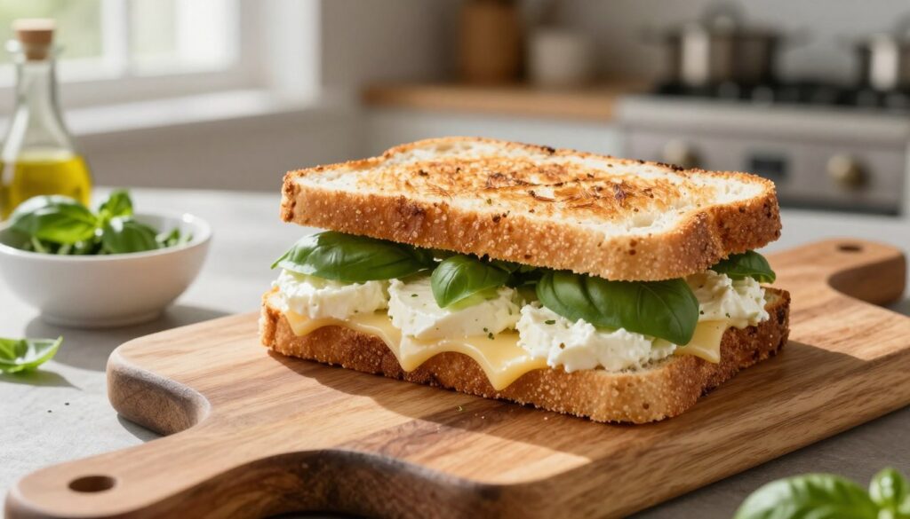 A beautifully arranged homemade cheese sandwich sits on a rustic wooden cutting board. The sandwich is golden-brown, perfectly toasted, and showcases layers of melted mozzarella, creamy ricotta, and fresh basil, adding vibrant green contrast. To the left, a small bowl contains a selection of fresh herbs and olive oil, hinting at the simple ingredients used. In the background, a cozy kitchen setting is softly lit, with sunlight streaming through a window, casting gentle shadows. The camera angle focuses on the sandwich at a slight overhead view, inviting the reader to imagine the taste and freshness. Overall, the atmosphere feels warm and inviting, perfect for a relaxed lunch break.