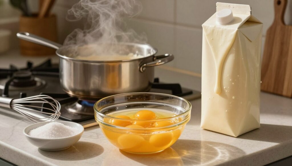 A beautifully arranged kitchen counter is the focus, showcasing the preparation of custard ice cream base. In the foreground, a glass bowl filled with vibrant, golden egg yolks sits next to a small dish of granulated sugar, with a whisk resting nearby. A heavy cream carton, partially opened, reveals a creamy texture, while droplets of cream cling to the sides. In the middle ground, a saucepan on a stove emits gentle steam, hinting at a low simmer. A soft, warm light illuminates the scene, casting inviting shadows while enhancing the rich colors of the ingredients. The background features blurred hints of kitchen utensils and a rustic wooden shelf, creating a cozy atmosphere for this culinary process. The image conveys a sense of warmth, inviting viewers to explore the art of making custard-based ice cream.