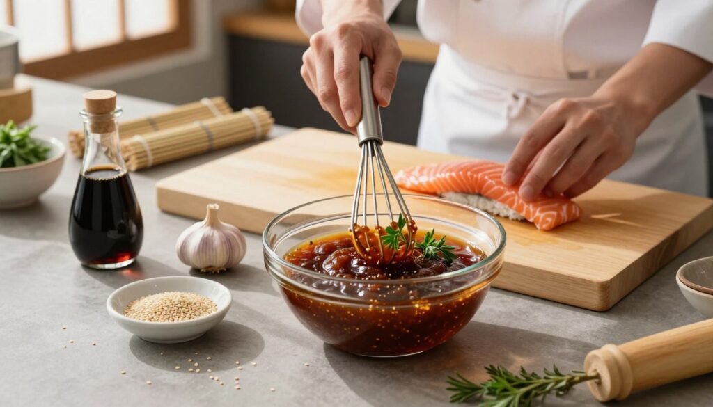 A beautifully arranged kitchen counter showcasing the process of making miso marinade for salmon sushi. In the foreground, there's a glass bowl filled with a rich, glossy miso paste, garnished with fresh herbs. Surrounding the bowl are ingredients such as soy sauce, garlic, and a small dish of sesame seeds, presented neatly on a wooden cutting board. In the middle ground, a chef's hands in professional attire are mixing the marinade with a whisk, demonstrating the preparation. The background features soft natural light coming from a window, casting gentle shadows, and a blurred view of a bamboo sushi mat and fresh salmon fillets ready for rolling. The overall mood is warm and inviting, emphasizing the art of sushi-making with a focus on the delicious miso marinade.