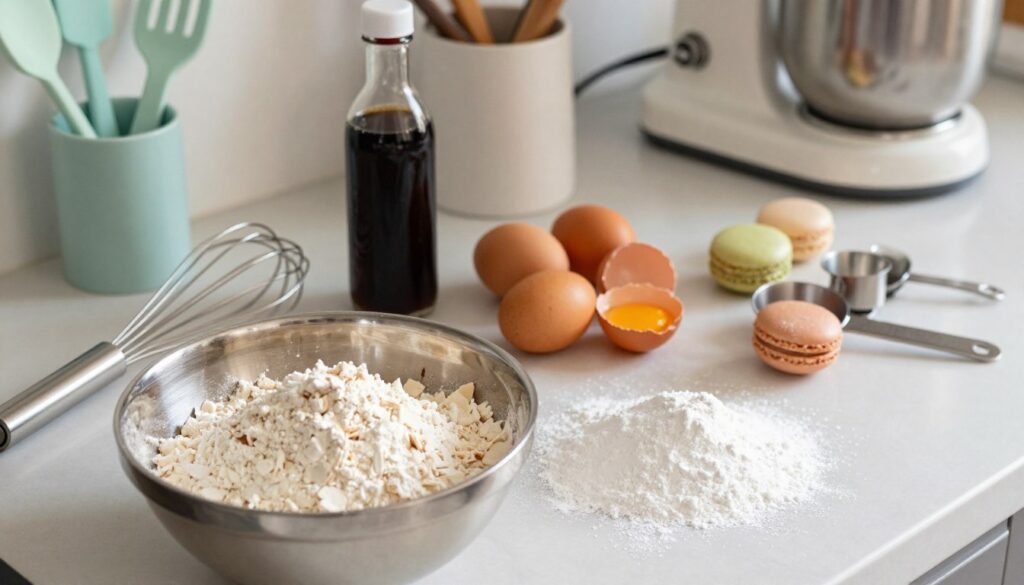 A beautifully arranged kitchen countertop features an assortment of ingredients for easy macarons. In the foreground, a mixing bowl filled with finely sifted almond flour sits next to a mound of powdered sugar, both glistening under soft natural light. A stainless steel whisk and a set of precise measuring cups lend a professional touch. In the middle ground, vibrant colors pop with eggs waiting to be cracked, and a bottle of vanilla extract is prominently displayed. The background hints at a tidy kitchen space with pastel-colored utensils and a mixing machine. The scene is bathed in warm, inviting light, encapsulating a mood of anticipation and creativity in baking. The camera angle is slightly overhead, providing a clear view of the organized ingredients and maintaining focus on the art of preparation.