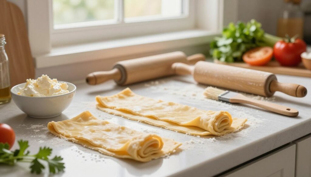 A beautifully arranged kitchen countertop featuring a step-by-step process for assembling puff pastries with fresh cheese. The foreground showcases delicate sheets of golden puff pastry, neatly cut and rolled, with a small bowl of creamy, freshly made cheese beside them. The middle ground includes a lightly floured rolling pin and a pastry brush, indicating preparation for baking. In the background, a sunny window allows soft, warm lighting to illuminate the scene, creating an inviting and cozy atmosphere. Fresh herbs and colorful vegetables are subtly placed to the side, adding pops of color. A sense of care and artisanal craft fills the space, inviting viewers to engage in the cooking process, evoking a homely, delicious vibe.
