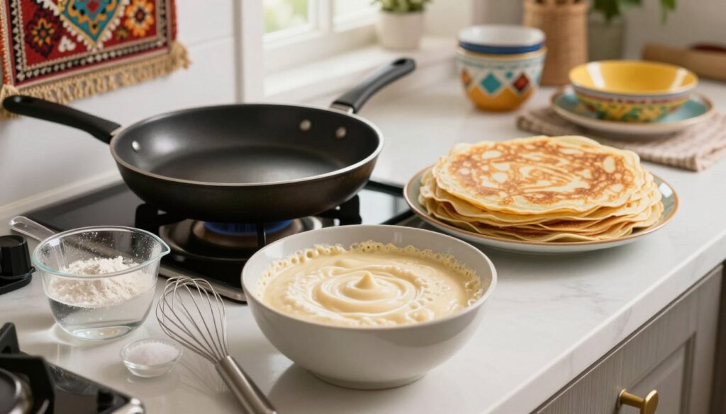 A beautifully arranged kitchen countertop featuring a step-by-step process of making thousand-hole crepe batter. In the foreground, a bowl filled with creamy, slightly lumpy batter sits next to a whisk and a small measuring cup, showcasing ingredients like flour, water, and salt. In the middle ground, a non-stick frying pan is waiting on a stove, with a few golden-brown crepes stacked neatly on a plate. In the background, bright, ambient lighting filters through a window, illuminating an inviting culinary space, decorated with Moroccan-patterned textiles and colorful dishware. The atmosphere feels warm and welcoming, exuding a sense of culinary adventure and tradition, perfect for showcasing the intricate art of crepe preparation.