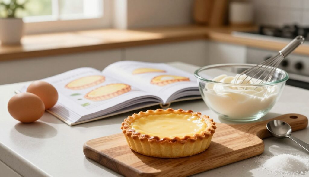 A beautifully arranged kitchen countertop featuring an array of simple custard tart recipes. In the foreground, a freshly baked custard tart sits on a rustic wooden board, glistening with a golden crust and smooth, creamy filling. Next to it, a mixing bowl filled with ingredients like eggs, cream, and sugar, alongside measuring spoons and a whisk. In the middle ground, a cookbook opened to a page showcasing a custard tart recipe, with bright illustrations of tarts. The background is softly blurred, depicting warm kitchen light streaming through a window, creating a cozy and inviting atmosphere. The image is captured with a shallow depth of field, enhancing the focus on the tart and the cooking tools, evoking a sense of warmth and culinary creativity.