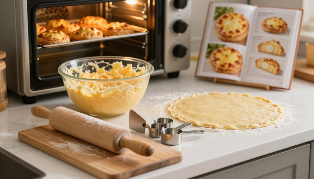 A beautifully arranged kitchen countertop featuring essential tools for making baked cheese pastries. In the foreground, a cutting board displays a rolling pin, a pastry cutter, and a set of measuring cups, gleaming under warm, soft lighting. In the middle ground, there’s a mixing bowl with freshly prepared cheese filling, alongside a sheet of puff pastry, lightly dusted with flour. In the background, you can see an oven, slightly open with golden-brown pastries inside, and a recipe book propped up with colorful images of cheese pastries. The atmosphere is inviting and homey, evoking the joy of baking. Use a warm color palette and a slightly soft focus to enhance the cozy ambiance.