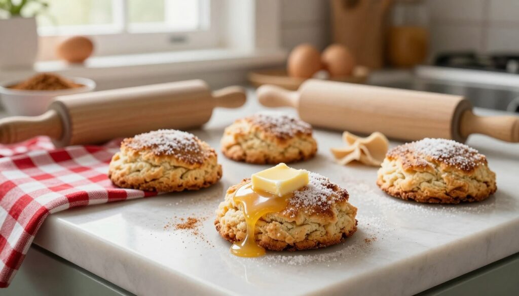 A beautifully arranged kitchen countertop featuring freshly made cinnamon sugar biscuits, golden brown and flaky. In the foreground, a close-up of a biscuit being drizzled with melted butter, with a sprinkle of sugar glistening under warm, soft lighting. In the middle ground, a red and white checkered cloth lies beside a rustic wooden rolling pin and a bowl filled with cinnamon and sugar. The background displays a cozy kitchen with light streaming in through a window, illuminating a few scattered ingredients like flour and eggs. The warmth of the setting evokes a feeling of homeliness and comfort, creating an inviting atmosphere perfect for baking. The image captures the essence of homemade and the delightful process of making biscuits from scratch.