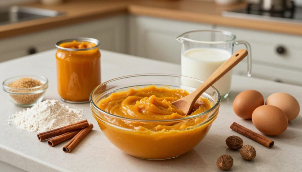 A beautifully arranged kitchen countertop set for making creamy pumpkin pie filling. In the foreground, a glass mixing bowl is filled with a luscious, velvety pumpkin pie filling, showcasing its rich, orange hue. Surrounding the bowl are various ingredients: a small heap of flour, a can of pumpkin puree, brown sugar, cinnamon sticks, nutmeg, and eggs, all meticulously organized. In the middle ground, a wooden spoon rests against the bowl, and a measuring cup filled with creamy milk is nearby. The background features a softly blurred rustic kitchen with warm lighting, creating a cozy and inviting atmosphere. The angle is slightly above eye level, providing a detailed view of the ingredients and preparation process, emphasizing the homemade charm of creating the perfect pumpkin pie filling.