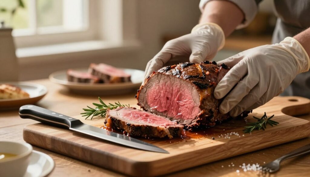 A beautifully arranged kitchen countertop showcasing a juicy and tender roast beef resting on a wooden cutting board. The roast beef, perfectly cooked to a medium rare, reveals a moist, pink interior with luscious juices pooling at its base. In the foreground, a sharp carving knife rests beside the roast, ready to slice into even portions. Fresh herbs and a sprinkle of sea salt accentuate the dish. In the middle background, a soft-focus image of a hand in a professional kitchen glove gently lifting the roast beef onto a platter, showcasing care with an air of anticipation. Warm, natural lighting filters through a nearby window, casting a golden glow on the scene, creating a cozy and inviting atmosphere. Hints of rustic tableware frame the background, enhancing the overall culinary composition.