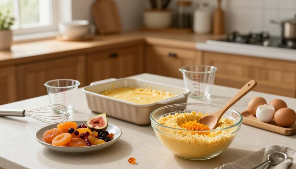 A beautifully arranged kitchen countertop showcasing the preparation of an easy semolina cake. In the foreground, a mixing bowl filled with golden semolina, eggs, and vibrant orange zest, along with a wooden spoon. A plate of colorful dried fruits—apricots, raisins, and figs—adds an inviting touch. In the middle, an illuminated baking dish that looks freshly mixed, surrounded by measuring cups and a whisk, all in natural light streaming in from a nearby window. The background features warm wooden cabinets and shelves lined with baking essentials, creating a cozy, inviting atmosphere. The overall mood is calm and encouraging, perfect for beginners, with soft, diffused lighting creating an inviting ambiance.