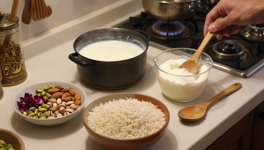 A beautifully arranged kitchen countertop showcasing the preparation of ingredients for Lebanese booza. In the foreground, a bowl filled with glutinous rice, an assortment of nuts like pistachios and almonds, and fragrant rose water. In the middle, a small pot with milk and sugar gently simmering on a stove, alongside a measuring cup filled with cornstarch. A wooden spoon lies beside, ready to mix. In the background, softly blurred elements of a traditional kitchen with warm, inviting lighting, highlighting the cooking process. The atmosphere evokes a sense of warmth and comfort, capturing the essence of Middle Eastern culinary traditions. The angle is slightly overhead, providing a comprehensive view of the ingredients and preparation space. A beautifully arranged kitchen countertop showcasing the preparation of ingredients for Lebanese booza. In the foreground, a bowl filled with glutinous rice, an assortment of nuts like pistachios and almonds, and fragrant rose water. In the middle, a small pot with milk and sugar gently simmering on a stove, alongside a measuring cup filled with cornstarch. A wooden spoon lies beside, ready to mix. In the background, softly blurred elements of a traditional kitchen with warm, inviting lighting, highlighting the cooking process. The atmosphere evokes a sense of warmth and comfort, capturing the essence of Middle Eastern culinary traditions. The angle is slightly overhead, providing a comprehensive view of the ingredients and preparation space.