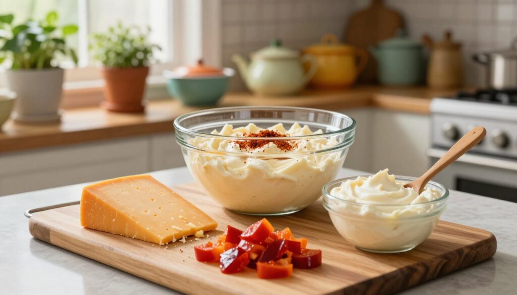A beautifully arranged kitchen countertop showcasing the step-by-step preparation of classic homemade Southern pimento cheese. In the foreground, a wooden cutting board displays freshly grated sharp cheddar cheese, diced pimentos, and a bowl of creamy mayonnaise, with a wooden spoon resting beside it. In the middle, a stylish glass mixing bowl holds the combined ingredients, with a sprinkle of paprika on top for color. The background features a cozy kitchen with warm, natural light streaming through a window, highlighting colorful vintage kitchenware and herbs in pots. The atmosphere is inviting and homey, perfect for a leisurely cooking session. Use a shallow depth of field to focus on the ingredients and soften the kitchen background, capturing the essence of Southern comfort cooking.