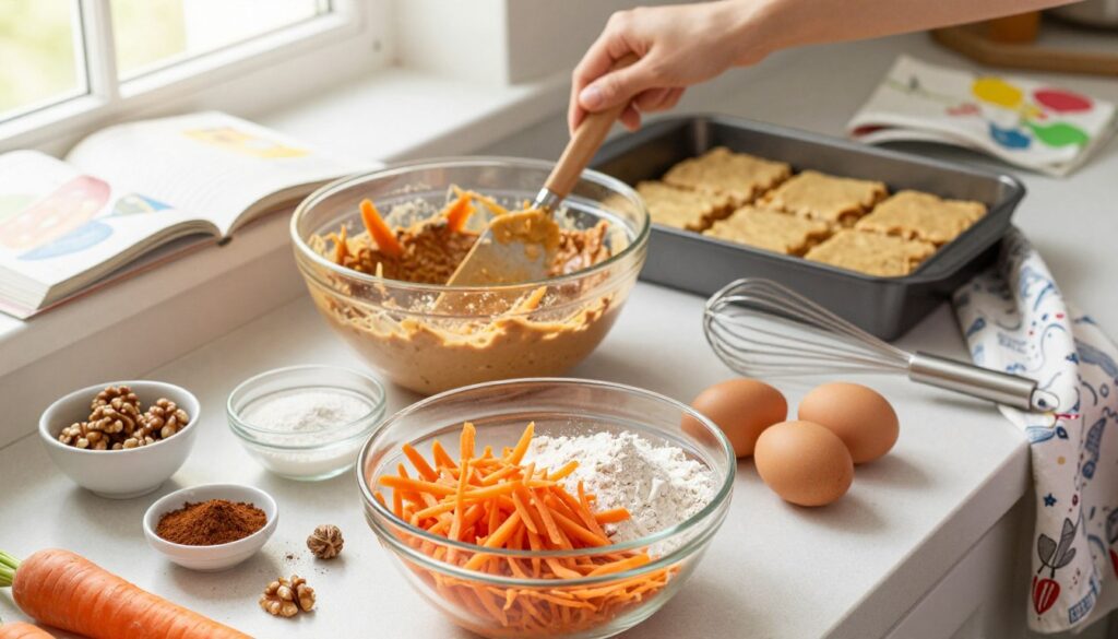 A beautifully arranged kitchen countertop showcasing the step-by-step process of making carrot cake bars. In the foreground, a mixing bowl filled with shredded carrots, flour, sugar, and eggs, along with measuring cups and a whisk. Surrounding these ingredients, small bowls of spices like cinnamon and nutmeg, and a container of walnuts to add texture. The middle layer captures the mixing process with a spatula gently folding the batter, and a partially decorated baking pan ready for the oven. In the background, warm natural light streams in through a window, creating a cozy atmosphere. Soft-focus elements include an open recipe book with colorful pages and a decorative kitchen towel. The scene conveys a sense of homely comfort and culinary joy, inviting the viewer to partake in the baking adventure. A beautifully arranged kitchen countertop showcasing the step-by-step process of making carrot cake bars. In the foreground, a mixing bowl filled with shredded carrots, flour, sugar, and eggs, along with measuring cups and a whisk. Surrounding these ingredients, small bowls of spices like cinnamon and nutmeg, and a container of walnuts to add texture. The middle layer captures the mixing process with a spatula gently folding the batter, and a partially decorated baking pan ready for the oven. In the background, warm natural light streams in through a window, creating a cozy atmosphere. Soft-focus elements include an open recipe book with colorful pages and a decorative kitchen towel. The scene conveys a sense of homely comfort and culinary joy, inviting the viewer to partake in the baking adventure.