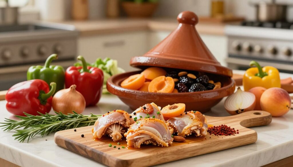A beautifully arranged kitchen countertop showcasing the step-by-step process of preparing chicken tagine. In the foreground, a wooden cutting board with marinated chicken pieces, vibrant spices, and fresh herbs scattered around. The middle layer features a traditional Moroccan tagine pot partially filled with chopped apricots, prunes, and almonds. Surrounding these ingredients, there's a colorful array of vegetables like bell peppers and onions. The background shows a softly lit kitchen, with warm tones highlighting the scene, evoking a cozy and inviting atmosphere. The image should capture the essence of culinary preparation, focusing on the textures and colors of the ingredients, with a shallow depth of field to emphasize the details.