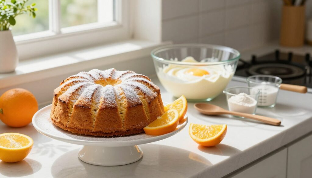 A beautifully arranged kitchen countertop with a fluffy, perfectly baked angel food cake prominently displayed on a delicate white cake stand in the foreground. The cake is adorned with a light dusting of powdered sugar and accompanied by slices of fresh citrus fruits like oranges and lemons, reflecting bright, vibrant colors. In the middle ground, a mixing bowl with whipped egg whites and a set of measuring cups filled with flour and sugar suggest the baking process, while a wooden spoon rests beside them. The background features soft, natural lighting coming from a nearby window, casting gentle shadows and creating a warm, inviting atmosphere. A hint of fresh herbs in a vase adds a touch of life and earthiness to the scene, evoking a sense of home and culinary delight. A beautifully arranged kitchen countertop with a fluffy, perfectly baked angel food cake prominently displayed on a delicate white cake stand in the foreground. The cake is adorned with a light dusting of powdered sugar and accompanied by slices of fresh citrus fruits like oranges and lemons, reflecting bright, vibrant colors. In the middle ground, a mixing bowl with whipped egg whites and a set of measuring cups filled with flour and sugar suggest the baking process, while a wooden spoon rests beside them. The background features soft, natural lighting coming from a nearby window, casting gentle shadows and creating a warm, inviting atmosphere. A hint of fresh herbs in a vase adds a touch of life and earthiness to the scene, evoking a sense of home and culinary delight.