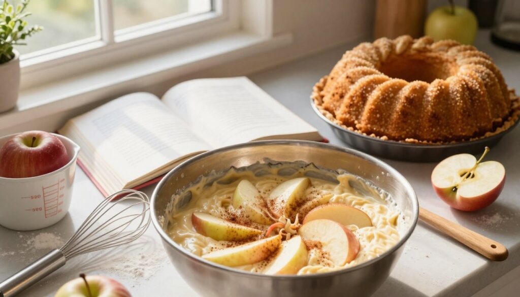 A beautifully arranged kitchen scene demonstrating the step-by-step process of making an apple pie bundt cake. In the foreground, a large mixing bowl filled with creamy cake batter, with sliced apples and cinnamon sprinkled on top, surrounded by measuring cups, a whisk, and a wooden spoon. In the middle, an open cookbook featuring a page with handwritten instructions. A light dusting of flour on the counter adds a homey feel. In the background, a bright window shows sunlight streaming in, illuminating the cozy kitchen atmosphere. The composition should have a warm color palette, evoking a sense of comfort and inviting the viewer to experience the joy of baking. Soft focus on the background elements enhances the clarity of the mixing process.
