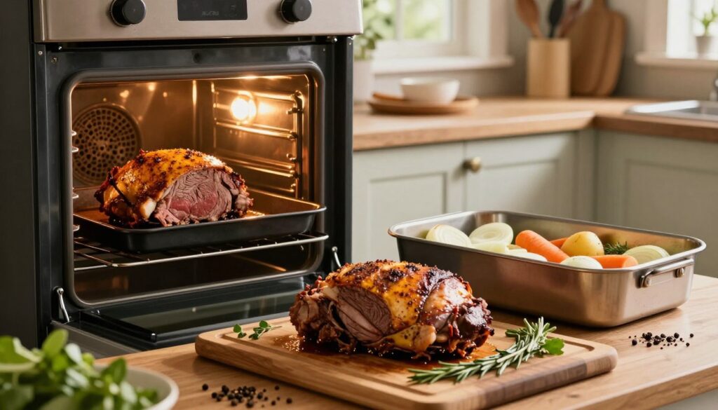 A beautifully arranged kitchen scene featuring an easy roast beef recipe in progress. In the foreground, a seasoned whole beef roast resting on a wooden cutting board, surrounded by fresh herbs and spices. A large, metal roasting pan is placed next to the roast, filled with sliced onions, carrots, and potatoes, ready to be placed in the oven. In the middle, an oven is open, showcasing the roasting beef with the delicious golden-brown crust, with warm glowing light illuminating the scene. The background features a rustic kitchen countertop with cooking utensils and a warm, inviting atmosphere. Soft natural light filters through a window, adding a cozy feel. The scene conveys a sense of delicious anticipation and the charm of home cooking, evoking an inviting ambiance.