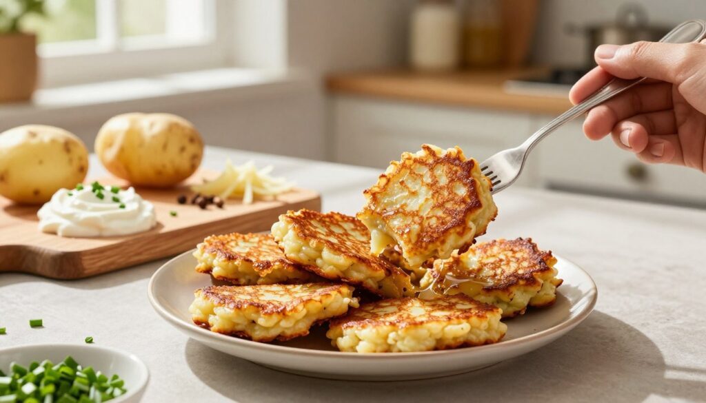 A beautifully arranged kitchen scene focused on a plate of golden-brown potato pancakes, stacked high and glistening with a light, crispy texture. In the foreground, a hand holding a fork is about to take a bite, showcasing the pancakes’ deliciousness. In the middle, a wooden cutting board holds garnishes like sour cream and chopped fresh chives, enhancing the visual appeal. The background features a softly lit kitchen with a warm atmosphere, highlighting ingredients like grated potatoes, onions, and spices neatly arranged. Natural light streams in from a window, casting gentle shadows that emphasize the pancakes' crispy edges. The overall mood is inviting and homey, suggesting comfort food at its finest.