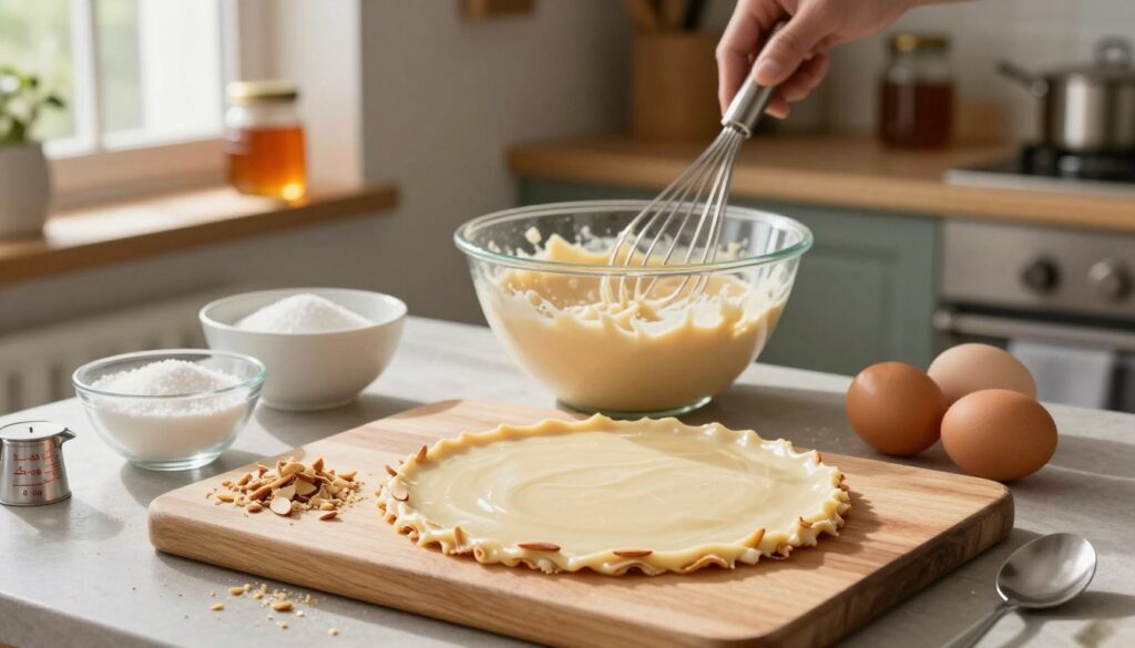 A beautifully arranged kitchen scene showcasing the preparation of soft almond cake base for almond fondant. In the foreground, a wooden cutting board with finely ground almonds, a bowl of sugar, and eggs, surrounded by measuring cups and spoons. In the middle, a mixing bowl filled with a creamy almond mixture, and a whisk poised above it. Soft, natural light streams in from a window, casting gentle shadows and highlighting the texture of the ingredients. The background features a rustic kitchen with shelves lined with baking tools and jars of honey, evoking a warm and inviting atmosphere. The camera is positioned at a slight angle to capture the depth of the scene, with a focus on the mixing process, emphasizing the delicate nature of the cake preparation without distractions. A beautifully arranged kitchen scene showcasing the preparation of soft almond cake base for almond fondant. In the foreground, a wooden cutting board with finely ground almonds, a bowl of sugar, and eggs, surrounded by measuring cups and spoons. In the middle, a mixing bowl filled with a creamy almond mixture, and a whisk poised above it. Soft, natural light streams in from a window, casting gentle shadows and highlighting the texture of the ingredients. The background features a rustic kitchen with shelves lined with baking tools and jars of honey, evoking a warm and inviting atmosphere. The camera is positioned at a slight angle to capture the depth of the scene, with a focus on the mixing process, emphasizing the delicate nature of the cake preparation without distractions.