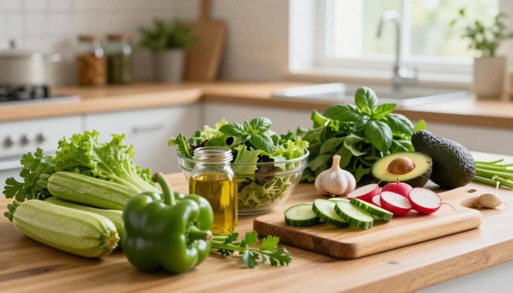 A beautifully arranged kitchen table filled with an assortment of fresh low-carb vegetables and healthy ingredients. In the foreground, vibrant green zucchini and bell peppers glisten next to a wooden cutting board showcasing sliced cucumbers and radishes. In the middle, a bowl of mixed leafy greens and a small jar of olive oil sit among a few avocados, garlic cloves, and sprigs of fresh herbs like basil and parsley. In the background, soft natural light filters through a kitchen window, illuminating rustic wooden shelves stocked with spices and jars. The atmosphere feels fresh, inviting, and health-conscious, perfect for a culinary setup that emphasizes the importance of nutritious cooking. The scene is focused and well-composed, with a shallow depth of field highlighting the vibrant colors and textures of the ingredients.