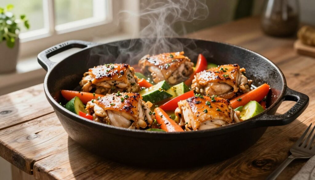 A beautifully arranged one-pan skillet chicken dinner centered in a rustic kitchen setting. Juicy, golden-brown chicken thighs are nestled among vibrant, sautéed vegetables such as bell peppers, zucchini, and carrots, all glistening with a savory herb-infused sauce. The ingredients should appear freshly cooked, with steam rising gently to convey warmth. In the foreground, the skillet is placed on a rustic wooden table, highlighting its round, cast-iron design. Soft, natural lighting streams in from a window, casting warm shadows that enhance the colors of the meal. In the background, hints of greenery from potted herbs and a blurred glimpse of kitchen utensils create an inviting atmosphere, emphasizing the simplicity and comfort of a homemade, one-pan dinner.