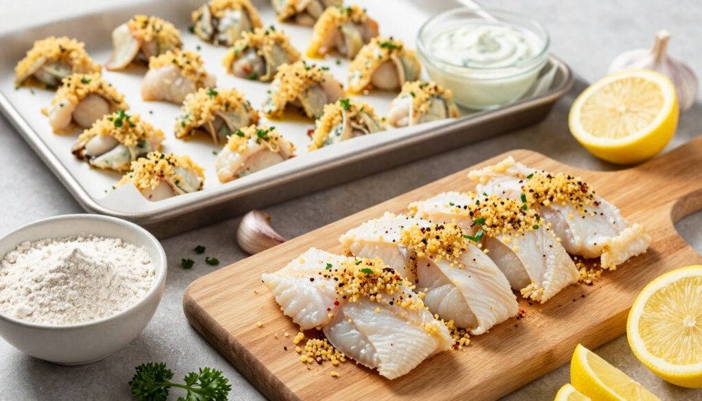 A beautifully arranged overhead shot of fresh ingredients for oven-baked seafood bites, featuring tender fish fillets, breadcrumbs, and vibrant spices. In the foreground, a wooden cutting board displays the fish cut into bite-sized pieces, surrounded by bowls of flour, cornmeal, and seasoned breadcrumbs mixed with herbs. Scattered around are fresh lemon slices, garlic cloves, and chopped parsley, adding a pop of color. The middle section includes a baking tray lined with parchment paper, ready for the seafood bites, and a small bowl of homemade tartar sauce in the background. Soft, natural lighting illuminates the scene, creating a warm and inviting atmosphere, with a shallow depth of field focusing on the ingredients while softly blurring the background.