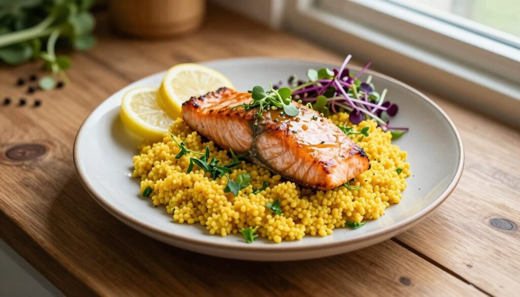 A beautifully arranged plate featuring golden turmeric couscous topped with a beautifully seared salmon fillet, glistening with a light glaze. The couscous is fluffy and adorned with vibrant green herbs, adding a fresh touch. Surrounding the dish are sliced lemons and a sprinkle of colorful microgreens. The setting is a rustic wooden table that emphasizes warmth and hominess. Soft, diffused natural light pours in from a nearby window, casting gentle shadows and highlighting the textures of the food. In the background, hints of fresh vegetables and spices create an inviting kitchen atmosphere. Capture this dish from an overhead angle to showcase its vibrant colors and details, evoking a feeling of comfort and culinary delight.