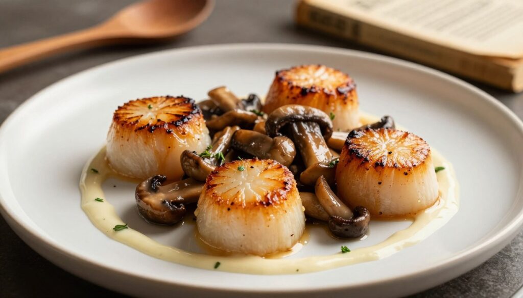 A beautifully arranged plate featuring succulent seared scallops resting atop a bed of sautéed porcini mushrooms, with a drizzle of Isigny cream sauce artistically placed around the dish. The scallops, perfectly golden-brown, have a slight char and glisten under soft, warm lighting, emphasizing their texture. In the foreground, a scattering of fresh herbs enhances the colors, while in the middle, the mushrooms showcase their rich, earthy tones, complementing the scallops. The background includes subtle kitchen elements like wooden utensils and a blurred out vintage recipe book, creating a cozy culinary atmosphere. The image should capture a sense of anticipation and careful preparation, reminiscent of a professional kitchen setting, framed with a slight overhead angle to highlight the dish's elegant presentation.