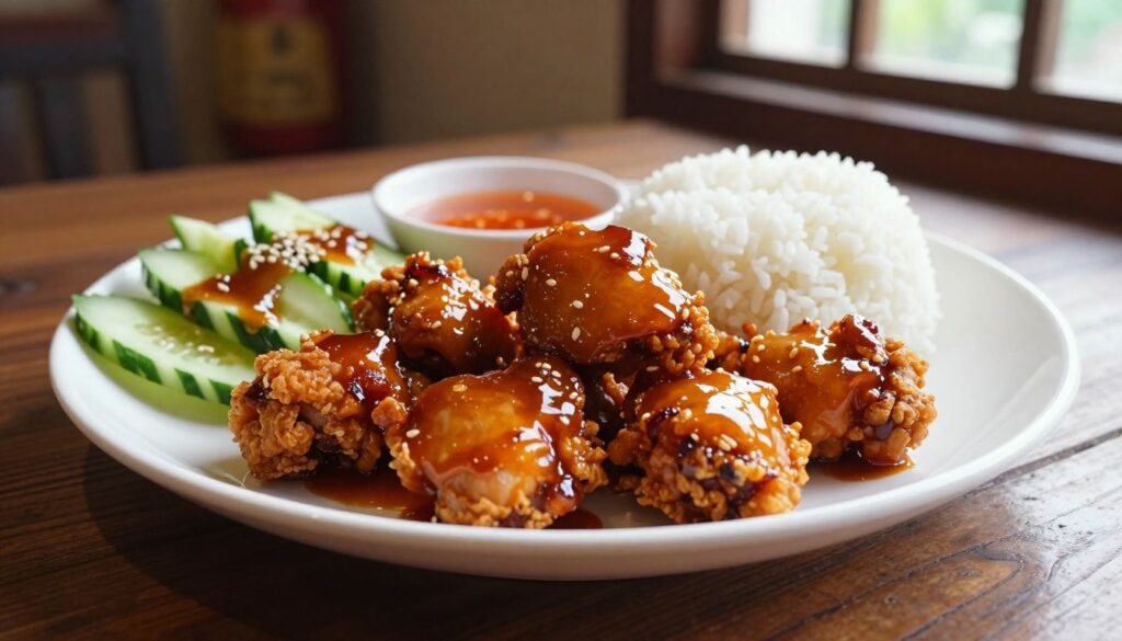 A beautifully arranged plate of Asian sweet and spicy crispy chicken takes center stage, showcasing its glossy, caramelized sauce and crispy texture. Surrounding the chicken are vibrant side dishes: a refreshing cucumber salad with sesame dressing, steamed jasmine rice, and a small bowl of tangy dipping sauce. The setting is a rustic wooden table, complemented by natural light streaming in from a nearby window, enhancing the rich colors of the food. In the background, soft blurred outlines of Asian-inspired decor create a warm and inviting atmosphere. The image captures a mouthwatering and appealing presentation, emphasizing the delightful combination of flavors. A close-up perspective adds intimacy, drawing the viewer into the culinary experience of this delicious meal.