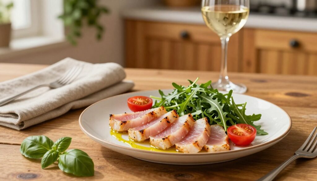 A beautifully arranged plate of Italian-style bonito, featuring delicate slices of seared bonito fish garnished with vibrant arugula and cherry tomatoes. In the foreground, there are fresh herbs like basil and a drizzle of high-quality olive oil artfully applied. The middle of the scene showcases a rustic wooden table with a casual cloth napkin and a glass of white wine, creating a warm, inviting atmosphere. In the background, soft-focused kitchen elements hint at an Italian home with herbs hanging and warm wooden cabinets. The lighting is warm and natural, suggesting a cozy dining experience during golden hour, emphasizing the freshness and appeal of the dish. The composition is inviting, embodying the essence of a delicious Italian recipe.