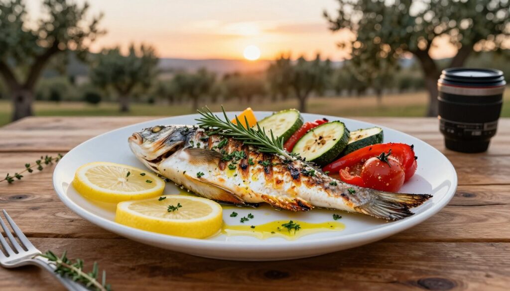 A beautifully arranged plate of Mediterranean herb-infused fish, featuring a perfectly grilled sea bass garnished with fresh rosemary, thyme, and parsley. The fish is artfully placed on a rustic wooden table, surrounded by vibrant slices of lemon and a colorful medley of roasted vegetables, including bell peppers, zucchini, and cherry tomatoes, glistening with olive oil. In the background, a soft-focus Mediterranean landscape with olive trees and a sunset sky casts a warm golden light, enhancing the natural colors of the dish. The image captures a serene and inviting atmosphere, shot from an aerial perspective with a Canon lens, emphasizing the freshness of the ingredients and the simplicity of Mediterranean cuisine. The lighting is soft and inviting, conveying a sense of warmth and tranquility.