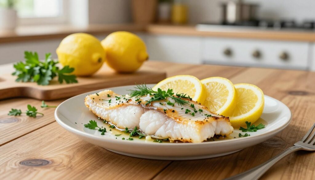 A beautifully arranged plate of baked halibut fillets, garnished with vibrant fresh lemon slices and a sprinkle of assorted herbs such as parsley and dill. In the foreground, the halibut is artfully positioned on a rustic wooden table, while the plate is slightly tilted to showcase the tender, flaky texture of the fish. The middle ground features a few whole lemons and a cutting board with herbs scattered around, adding a touch of color and freshness. The background includes a softly blurred kitchen setting, with warm, natural lighting cascading through a window, creating a welcoming atmosphere. The scene evokes a sense of home-cooked comfort and culinary delight, perfect for a delicious seafood recipe. A beautifully arranged plate of baked halibut fillets, garnished with vibrant fresh lemon slices and a sprinkle of assorted herbs such as parsley and dill. In the foreground, the halibut is artfully positioned on a rustic wooden table, while the plate is slightly tilted to showcase the tender, flaky texture of the fish. The middle ground features a few whole lemons and a cutting board with herbs scattered around, adding a touch of color and freshness. The background includes a softly blurred kitchen setting, with warm, natural lighting cascading through a window, creating a welcoming atmosphere. The scene evokes a sense of home-cooked comfort and culinary delight, perfect for a delicious seafood recipe.