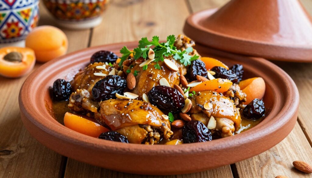 A beautifully arranged plate of chicken tagine with prunes and almonds, showcasing tender pieces of chicken simmered in a rich, fragrant sauce. The dish is garnished with vibrant green herbs and slivered almonds for a pop of color. In the foreground, the tagine sits on a rustic wooden table, highlighting the warm, earthy tones of the dish. The middle of the image focuses on the intricate details of the chicken, prunes, and almonds, capturing the glossy texture of the sauce. In the background, soft, natural lighting creates an inviting atmosphere, accentuating the dish's warmth, while hints of Moroccan decor subtly enrich the setting. This visually appealing scene emphasizes the delicious ingredients of apricots, prunes, and almonds in a culinary masterpiece.