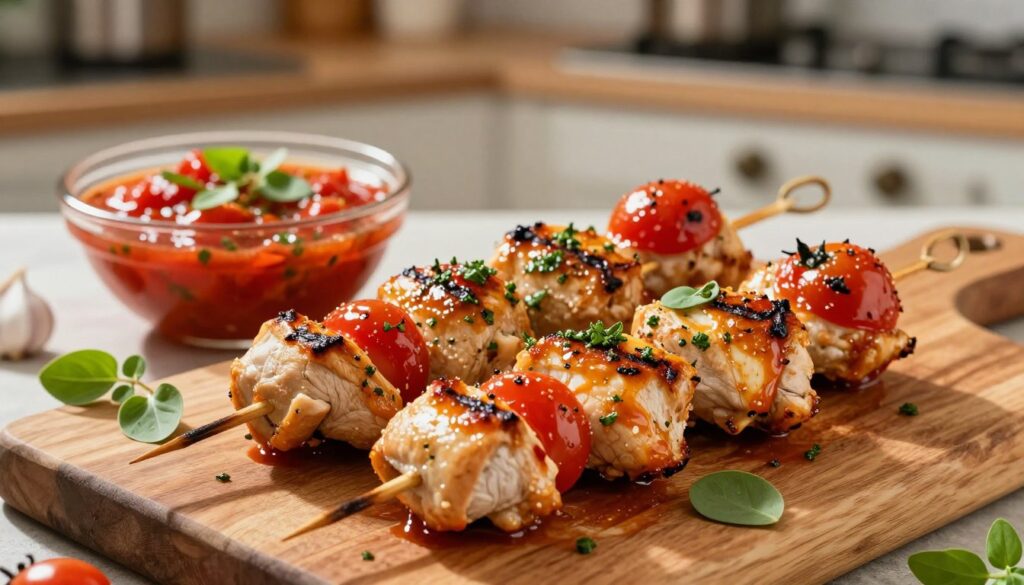 A beautifully arranged plate of chicken tenderloin skewers, glistening from a rich tomato and oregano marinade, is the focal point of the image. The skewers are expertly grilled to a golden-brown perfection, with vibrant red cherry tomatoes and fresh green oregano leaves scattered around them. In the foreground, the skewers are presented on a rustic wooden cutting board, emphasizing a home-cooked feel. The middle ground features a bowl of the tomato-oregano marinade, rich with garlic and herbs, ready for dipping. In the background, a softly blurred kitchen setting hints at a warm, inviting cooking atmosphere, with natural light streaming in, casting gentle shadows. The overall mood is cozy and appetizing, perfect for inspiring culinary creativity. A beautifully arranged plate of chicken tenderloin skewers, glistening from a rich tomato and oregano marinade, is the focal point of the image. The skewers are expertly grilled to a golden-brown perfection, with vibrant red cherry tomatoes and fresh green oregano leaves scattered around them. In the foreground, the skewers are presented on a rustic wooden cutting board, emphasizing a home-cooked feel. The middle ground features a bowl of the tomato-oregano marinade, rich with garlic and herbs, ready for dipping. In the background, a softly blurred kitchen setting hints at a warm, inviting cooking atmosphere, with natural light streaming in, casting gentle shadows. The overall mood is cozy and appetizing, perfect for inspiring culinary creativity.
