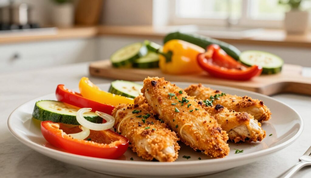 A beautifully arranged plate of easy oven-baked chicken tenders, golden and crispy, surrounded by a colorful variety of roasted vegetables including vibrant red and yellow bell peppers, sweet onions, and fresh green zucchini. The chicken tenders are garnished with a sprinkle of fresh herbs, creating a tantalizing appeal. The foreground highlights the dish, with a shallow depth of field that softly blurs the background. In the middle ground, a wooden cutting board displaying additional raw vegetables for customization, enhancing the thematic element of flavor variations. The background features a warm, inviting kitchen setting with soft natural lighting streaming in from a window, creating a cozy cooking atmosphere. The overall mood is cheerful and vibrant, inviting viewers to explore delicious variations of this meal.