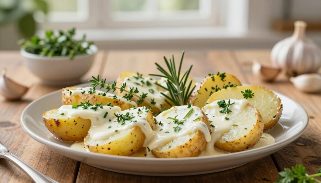 A beautifully arranged plate of garlic cream potatoes featuring an assortment of herb variations such as rosemary, thyme, and parsley. In the foreground, the creamy, golden-brown potatoes, sliced thinly and layered perfectly, are garnished with fresh herbs. The middle ground showcases a rustic wooden table with a small bowl of herbs and garlic cloves nearby, hinting at the dish's preparation. In the background, soft, warm lighting filters through a window, creating a cozy kitchen atmosphere with subtle hints of green from potted plants. Capture the natural textures of the potatoes, the vibrant colors of the herbs, and the inviting ambiance, focusing on a close-up angle that emphasizes the dish’s creamy richness and appeal.