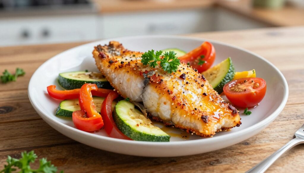 A beautifully arranged plate of golden brown, pan-fried whiting fillets seasoned with a medley of spices, such as paprika and black pepper, with a sprinkle of fresh parsley on top. The fillets are crispy and glisten with a light coating of oil, showcasing their flaky texture. Surrounding the fish are vibrant, sautéed vegetables including bell peppers, zucchini, and cherry tomatoes, adding color to the dish. The scene is set on a rustic wooden table with soft, natural lighting creating a warm, inviting atmosphere. A shallow depth of field captures the details of the food, while the background features a blurred glimpse of a cozy kitchen setting, enhancing the overall homely vibe of the cooking experience.