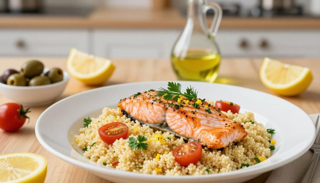 A beautifully arranged plate of golden couscous topped with succulent, perfectly cooked salmon fillets, garnished with fresh herbs such as parsley and dill. The foreground showcases the main dish in an elegant white bowl, with a sprinkle of lemon zest and cherry tomatoes for color. In the middle ground, there's a wooden table adorned with vibrant Mediterranean ingredients like olives, lemon wedges, and a light drizzle of olive oil, creating a warm, inviting atmosphere. The background features a softly blurred kitchen setting with a gentle ambient light illuminating the scene, evoking a cozy dinner vibe. Use a slightly overhead angle to capture the dish's details, enhancing the textures and colors. Aim for a bright, cheerful mood that emphasizes healthy, quick meal preparation.