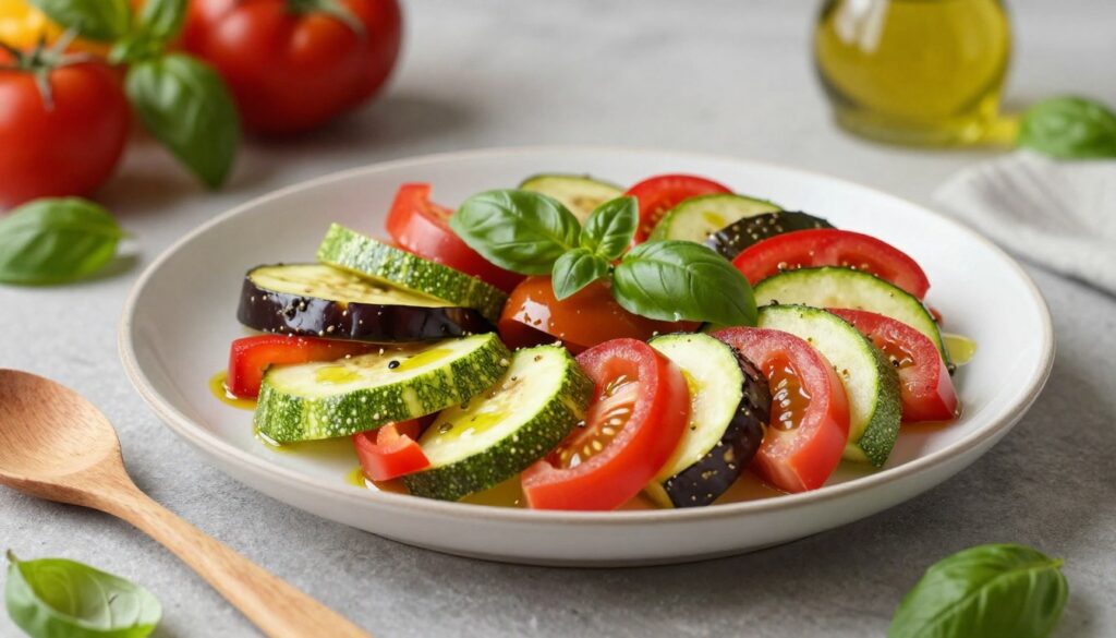 A beautifully arranged plate of healthy, low-calorie ratatouille, featuring vibrant layers of thinly sliced zucchini, eggplant, bell peppers, and tomatoes, elegantly coiled together. The dish is garnished with fresh basil leaves and a light drizzle of olive oil, embodying a colorful and appetizing presentation. In the foreground, a wooden spoon rests beside the plate, suggesting preparation. The background softly blurs with a rustic kitchen setting, showcasing fresh vegetables and herbs, hinting at authenticity. Soft, natural lighting enhances the colors and textures, casting gentle shadows that add depth. The overall mood is inviting and warm, conveying a sense of homemade comfort and healthy living, perfect for an expert culinary guide.