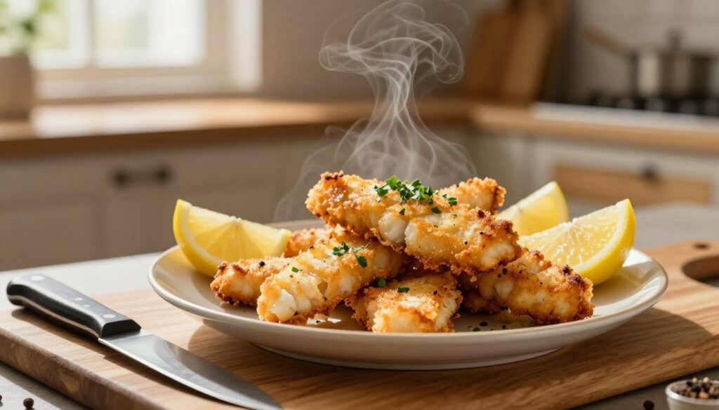 A beautifully arranged plate of pan-fried fish strips, golden and crispy, garnished with fresh herbs and lemon wedges. The fish is julienne cut, showcasing its delicate texture. In the foreground, a cutting board with a sharp knife and a few spices enhances the cooking theme. In the middle, the vibrant fish strips are plated elegantly, with steam gently rising to signify freshness and warmth. The background features an inviting kitchen atmosphere with wooden cabinets and utensils, subtly blurred to keep focus on the dish. Soft, natural light filters through a nearby window, casting warm highlights that enhance the fish’s crispy exterior. The overall mood is cozy and inviting, celebrating the art of cooking.