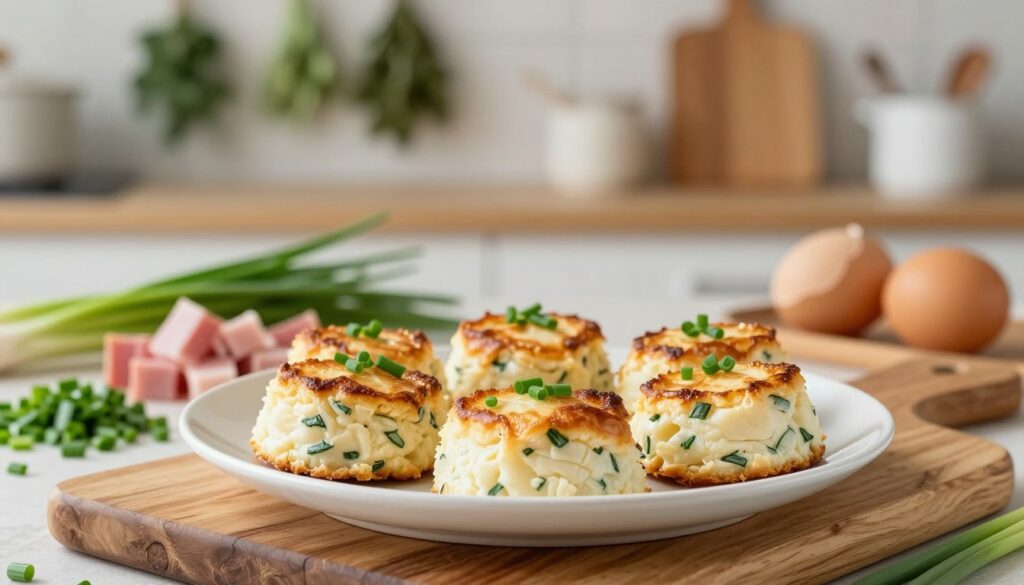 A beautifully arranged plate of small ham and chive flans is at the forefront of the image, showcasing their golden-brown tops and delicate soufflé texture. The flans are garnished with fresh chives, adding a pop of vibrant green. Surrounding the plate is an assortment of fresh ingredients: chopped chives, diced ham, and a few eggs, elegantly placed on a rustic wooden cutting board. In the background, a softly blurred kitchen setting adds warmth, featuring hanging herbs and a wooden shelf adorned with cooking utensils. The scene is lit with natural light, creating an inviting and cozy atmosphere. A shallow depth of field draws focus to the flans while imparting a homely, culinary vibe.