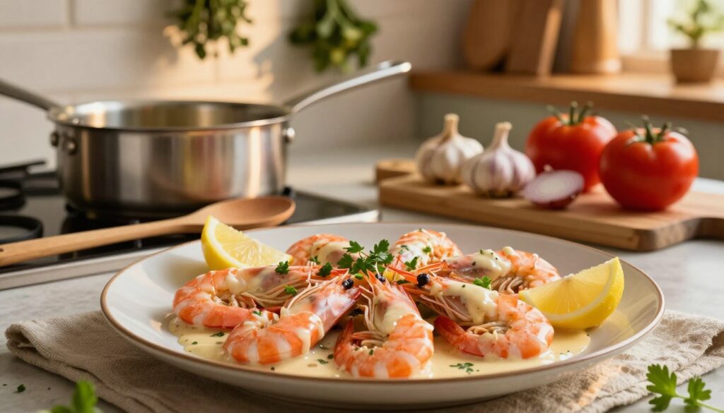 A beautifully arranged plate of traditional French langoustines à l'Américaine, showcasing succulent, pink crustaceans drizzled with a rich, creamy sauce américaine. In the foreground, focus on the plate exhibiting the langoustines garnished with fresh herbs and lemon wedges. In the middle ground, include essential kitchen tools like a stainless steel saucepan, a wooden spoon, and a cutting board with fresh garlic, shallots, and ripe tomatoes, set up for cooking. The background features a softly lit kitchen environment with hanging herbs and a hint of a rustic wooden shelf, enhancing the cozy atmosphere. Golden hour lighting creates warm, inviting tones, inviting the viewer into the culinary experience. Capture the image at a 45-degree angle, highlighting the textures and colors of the dish.