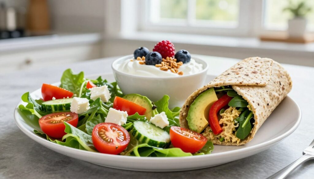 A beautifully arranged plate showcasing a variety of no-cook healthy lunch ideas. In the foreground, vibrant mixed greens are topped with cherry tomatoes, cucumbers, sliced avocado, and feta cheese, creating a colorful salad. Alongside, an elegant portion of whole grain wrap fillings like hummus, fresh spinach, and bell peppers is artfully presented. In the middle, a small bowl of Greek yogurt is garnished with fresh berries and a sprinkle of granola. The background features a soft, natural light filtering through a kitchen window, enhancing the freshness and vibrant colors of the food. The atmosphere conveys a sense of simplicity and healthfulness, perfect for a quick, nutritious meal under 15 minutes. The angle captures the plate from a slightly elevated perspective, inviting the viewer to enjoy the delightful food arrangement.