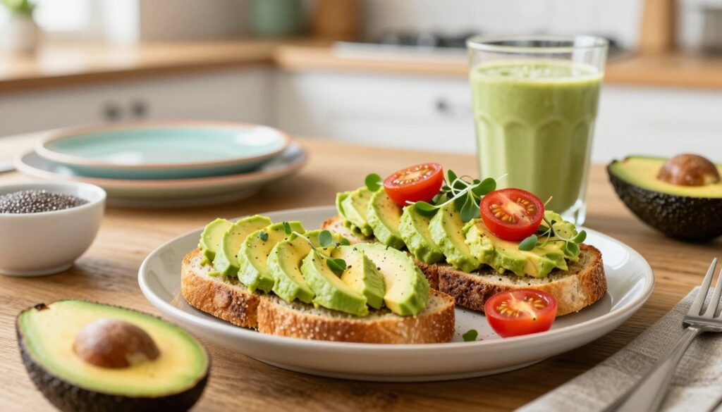 A beautifully arranged platter of avocado-based no-cook breakfast ideas, prominently featuring sliced avocados, avocado toast topped with cherry tomatoes and microgreens, and a refreshing avocado smoothie in a glass. In the foreground, soft lighting showcases the textures of the ripe avocados, while the middle ground includes a rustic wooden table setting adorned with colorful ceramic plates and a small bowl of chia pudding. The background features a subtle kitchen scene with bright natural light streaming in through a window, creating a warm and inviting atmosphere. The overall mood is fresh and vibrant, ideal for a healthy, effortless breakfast. The lens used should provide a soft depth of field, emphasizing the delicious food while keeping the background unobtrusive.