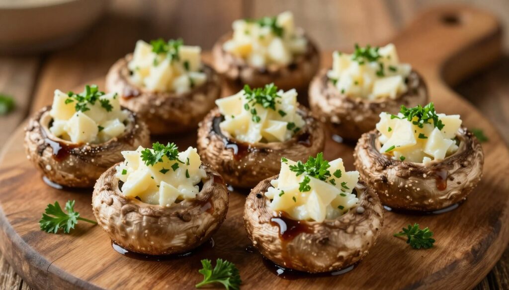 A beautifully arranged platter of gourmet stuffed mushrooms, showcasing large, plump mushrooms filled with a creamy Boursin cheese mixture, enhanced with finely chopped herbs and garlic. The background features a softly blurred rustic wooden table, adding warmth to the scene. In the foreground, the mushrooms are garnished with a sprinkle of fresh parsley and a drizzle of balsamic glaze, highlighting their appetizing presentation. The lighting is warm and inviting, with soft shadows that create a cozy atmosphere, reminiscent of a ready-to-serve hors d'oeuvre at a gathering. The image captures a top-down perspective, emphasizing the textures and details of the dish, evoking a sense of culinary delight and sophistication.