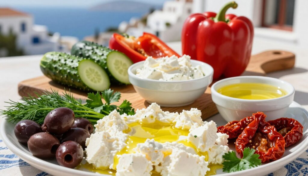 A beautifully arranged platter showcasing the essential ingredients for authentic Greek feta dip. In the foreground, a creamy mound of crumbled feta cheese glistens with a drizzle of golden olive oil. Surrounding it are vibrant ingredients: plump kalamata olives, finely chopped fresh herbs like dill and parsley, and tangy sun-dried tomatoes. A small bowl of zesty lemon juice adds a refreshing touch. In the middle, a rustic wooden cutting board features halved cucumbers and vibrant red bell peppers ready for dipping. In the background, a soft-focus Mediterranean landscape filters through warm, natural sunlight, enhancing the freshness of the ingredients. The atmosphere conveys a lively, inviting Mediterranean kitchen, perfect for sharing appetizers. The camera captures the scene from a slightly elevated angle, creating an inviting and appetizing composition.