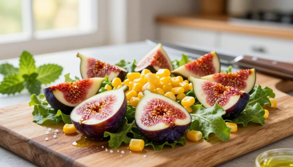 A beautifully arranged salad featuring fresh figs halved to showcase their vibrant purple interior, placed artistically alongside bright yellow corn kernels and leafy greens. In the foreground, emphasize the figs and corn with a gentle sprinkle of salt and a drizzle of olive oil. The middle ground should include a rustic wooden cutting board with a knife and some fresh mint for garnish. In the background, softly blurred, there could be summer sunlight streaming through a kitchen window, enhancing the warm, inviting atmosphere. The colors should be bright and fresh, capturing the essence of summer, inviting the viewer to imagine the delicious flavors of the salad. The scene should have a natural, casual feel, evoking feelings of simplicity and health.