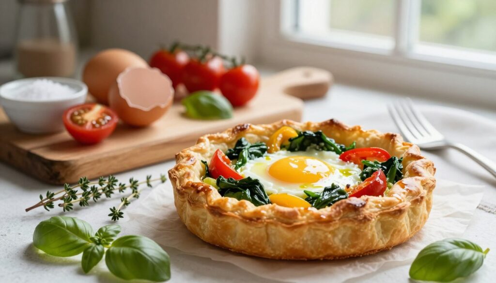 A beautifully arranged savory puff pastry tart, freshly baked and golden brown, sits prominently in the foreground. The tart is stuffed with vibrant ingredients: perfectly cooked eggs, sautéed spinach, and colorful bell peppers, all glistening with a light sheen of olive oil. Surrounding the tart, scattered fresh herbs like thyme and basil add a burst of green. In the middle background, a rustic wooden cutting board displays additional raw ingredients, such as a cracked egg, cherry tomatoes, and a small bowl of salt, hinting at the preparation process. Soft, natural light streams in from a nearby window, casting gentle shadows and creating a warm atmosphere. The overall scene exudes a cozy, inviting mood, perfect for a brunch setting, with a slightly blurred background to keep the focus on the delicious tart.