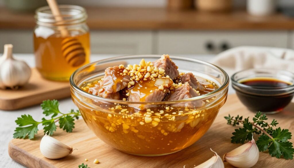 A beautifully arranged scene featuring a glass bowl filled with a rich, glossy honey garlic marinade, showcasing its vibrant golden hue interspersed with flecks of minced garlic and soy sauce. In the foreground, a set of pork chops marinating, glistening in the sauce, surrounded by fresh garlic cloves and sprigs of green herbs like parsley or thyme. The middle ground displays a wooden cutting board with a honey jar and a small bowl of soy sauce. The background softly fades into a rustic kitchen setting with wooden shelves and warm lighting, creating a cozy atmosphere. The scene captures an inviting and appetizing essence, evoking a sense of warmth and home-cooked comfort. Shot in natural light using a close-up angle to emphasize details. A beautifully arranged scene featuring a glass bowl filled with a rich, glossy honey garlic marinade, showcasing its vibrant golden hue interspersed with flecks of minced garlic and soy sauce. In the foreground, a set of pork chops marinating, glistening in the sauce, surrounded by fresh garlic cloves and sprigs of green herbs like parsley or thyme. The middle ground displays a wooden cutting board with a honey jar and a small bowl of soy sauce. The background softly fades into a rustic kitchen setting with wooden shelves and warm lighting, creating a cozy atmosphere. The scene captures an inviting and appetizing essence, evoking a sense of warmth and home-cooked comfort. Shot in natural light using a close-up angle to emphasize details.