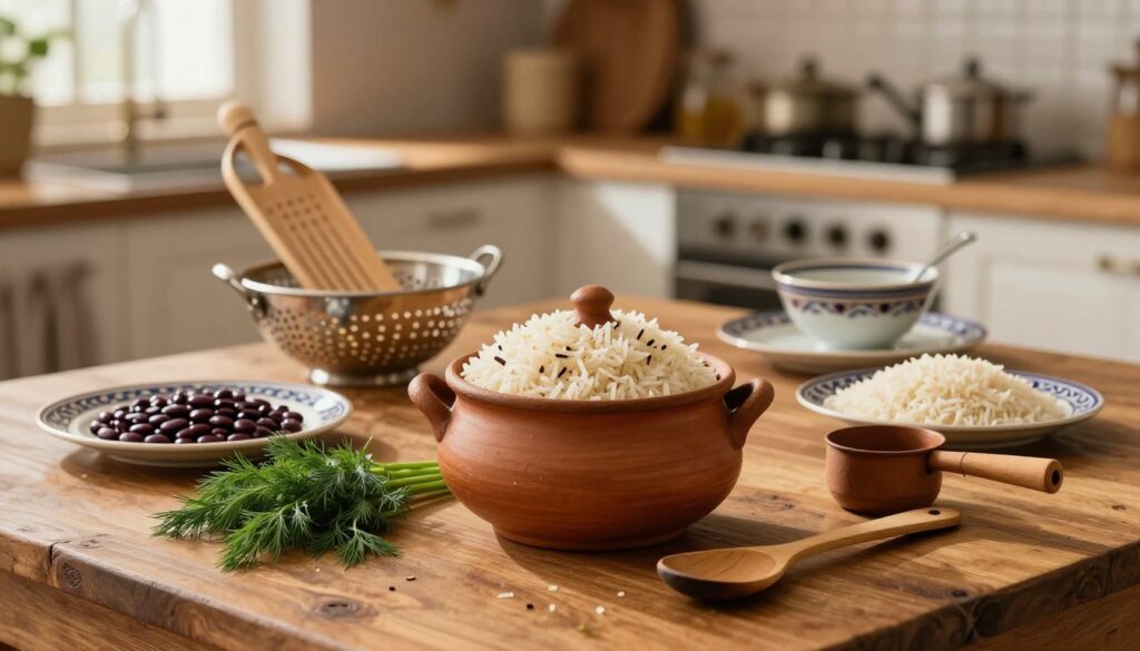 A beautifully arranged scene featuring essential tools for preparing Persian rice, specifically Baghali Polo. In the foreground, a traditional Persian rice pot sits atop a rustic wooden table, surrounded by fresh dill, fava beans, and basmati rice. Beside the pot, a wooden spoon and a measuring cup are placed neatly. In the middle ground, display an assortment of kitchen tools, including a rice paddle, a colander, and elegant serving dishes. In the background, a softly blurred kitchen setting enhances the homely atmosphere, with warm, inviting ambient lighting streaming through a window. Use a shallow depth of field to focus on the tools while keeping the background slightly out of focus, creating a cozy and inviting mood that showcases the artistry of Persian culinary preparation.